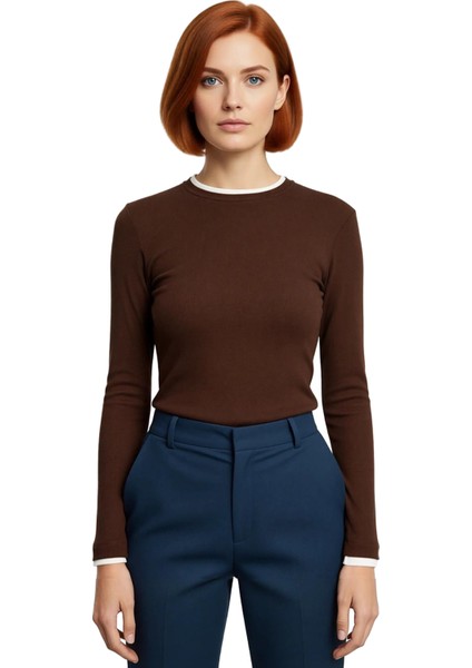 Kadın Casual Bluz Viskon Ribana Fitted Kesim Dik Yaka Uzun Kollu Esnek Kumaş Günlük Kullanım