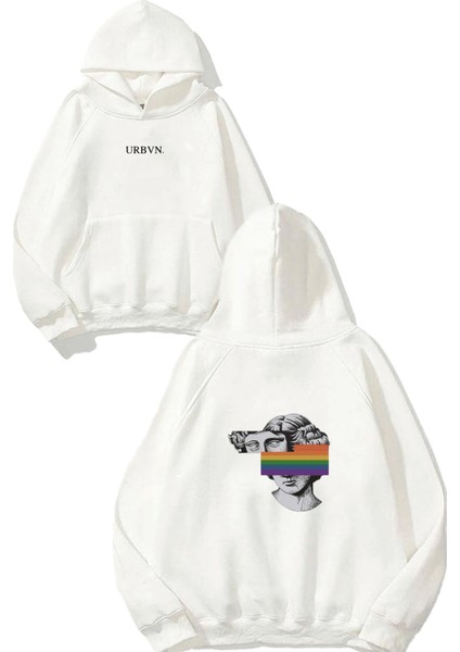 Rainbow Head Tasarım Baskılı Oversize Beyaz Kapüşonlu Sweatshirt