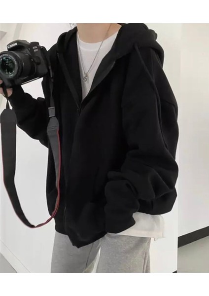 Punıx Büyük Beden Özel Üretim Kapüşonlu Tam Fermuarlı Süper Bol Oversize Kadın Düz Renk Sweatshırt