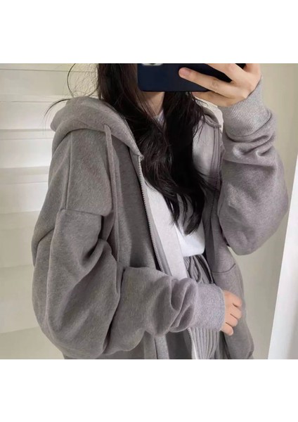 Punıx Büyük Beden Özel Üretim Kapüşonlu Tam Fermuarlı Süper Bol Oversize Kadın Düz Renk Sweatshırt