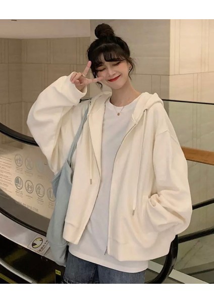 Punıx Büyük Beden Özel Üretim Kapüşonlu Tam Fermuarlı Süper Bol Oversize Kadın Düz Renk Sweatshırt