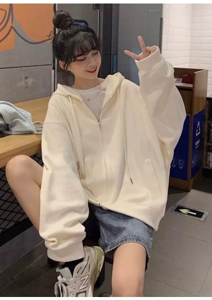 Punıx Büyük Beden Özel Üretim Kapüşonlu Tam Fermuarlı Süper Bol Oversize Kadın Düz Renk Sweatshırt fiyatları