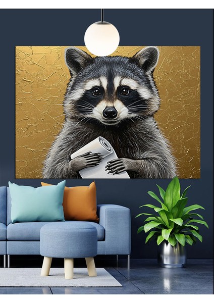 Parlak Altın Zeminli Rakun Portresi Dekoratif Kanvas - Mdf Ahşap Tablo