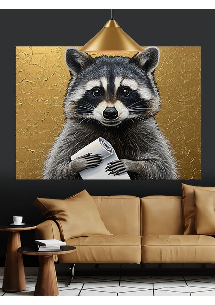 Parlak Altın Zeminli Rakun Portresi Dekoratif Kanvas - Mdf Ahşap Tablo fiyatları