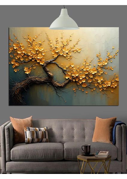 Altın Çiçekler Soyut Ağaç Dekoratif Kanvas - Mdf Ahşap Tablo