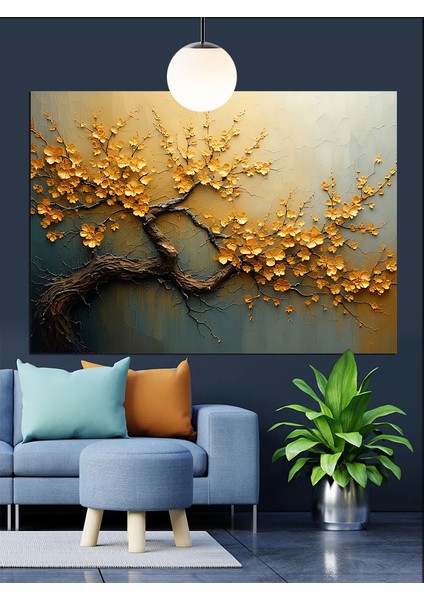 Altın Çiçekler Soyut Ağaç Dekoratif Kanvas - Mdf Ahşap Tablo modelleri