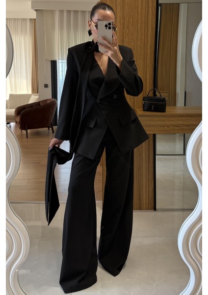 Şal Detaylı Kruvaze Ceket ve Palazzo Pantolon Alt-Üst Takım | Takım Elbise | Premium Tasarım Takım fiyatları