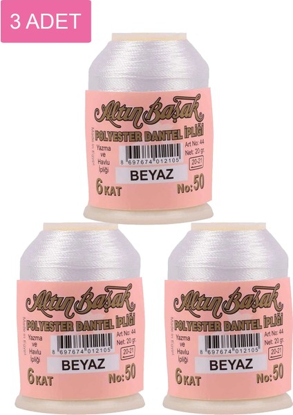 3 Adet Altınbaşak Oya ve Dantel Ipi 20 gr - Royaleks - No: Beyaz