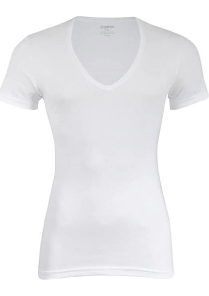 Erkek 2'li Beyaz Derin V Yaka Kısa Kollu Likralı Atlet