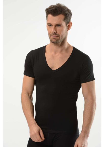 Erkek 6'lı Siyah Derin V Yaka Kısa Kollu Likralı Atlet