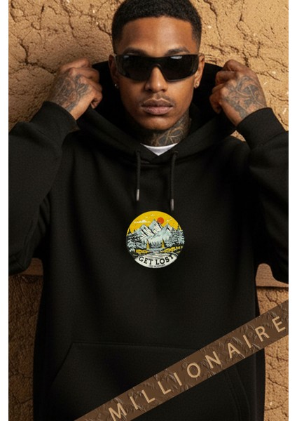 Erkek Siyah Adventure 3 Iplik Şardonlu Kapüşonlu Kanguru Cepli Oversize Salaş Hoodie Sweatshirt