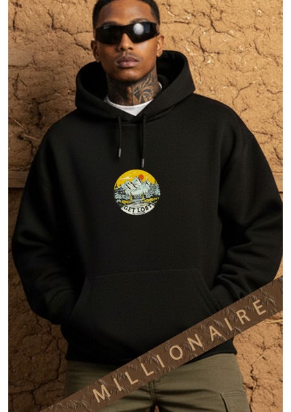 Erkek Siyah Adventure 3 Iplik Şardonlu Kapüşonlu Kanguru Cepli Oversize Salaş Hoodie Sweatshirt fırsatları
