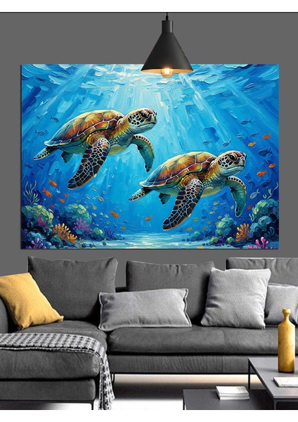 Mavi Denizde Üç Deniz Kaplumbağası Dekoratif Kanvas - Mdf Ahşap Tablo