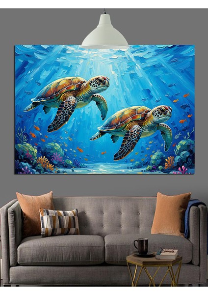 Mavi Denizde Üç Deniz Kaplumbağası Dekoratif Kanvas - Mdf Ahşap Tablo fiyatları