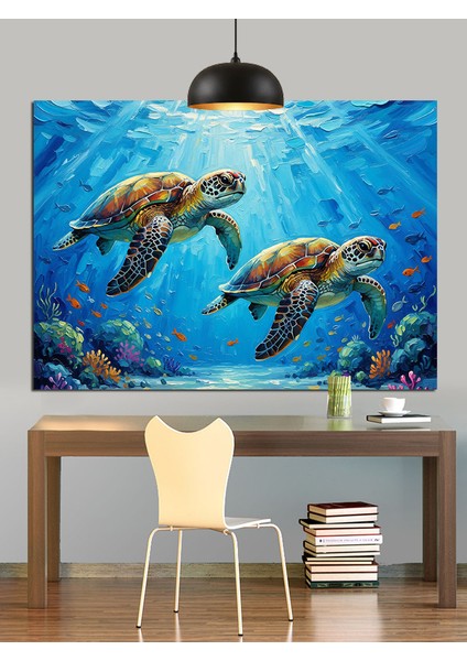 Mavi Denizde Üç Deniz Kaplumbağası Dekoratif Kanvas - Mdf Ahşap Tablo modelleri