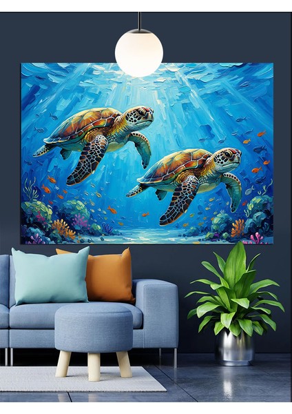 Mavi Denizde Üç Deniz Kaplumbağası Dekoratif Kanvas - Mdf Ahşap Tablo fırsatları
