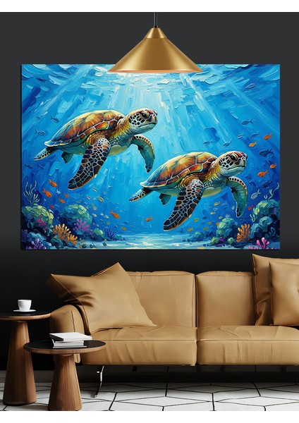 Mavi Denizde Üç Deniz Kaplumbağası Dekoratif Kanvas - Mdf Ahşap Tablo indirimleri