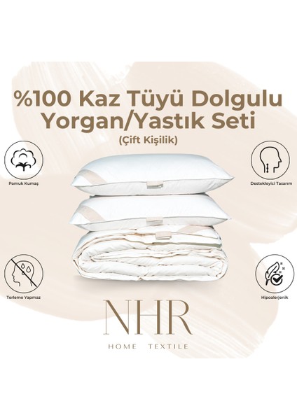 %100 Kaz Tüyü Dolgulu %90 Gıdık Antibakteriyel, Isı Dengeleyici, Çift Kişilik, Yastık / Yorgan Seti