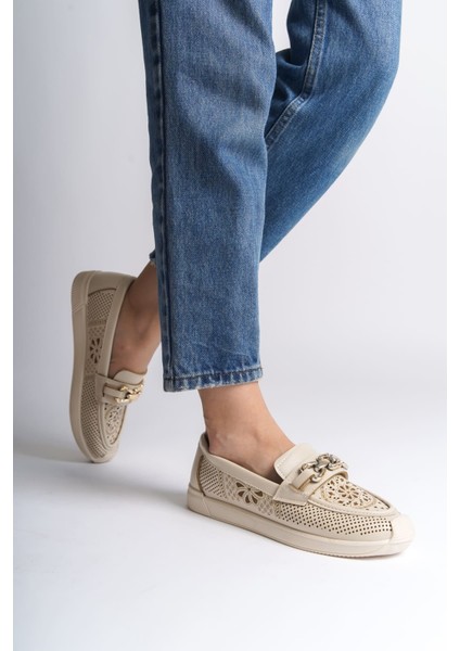 Layla Bağcıksız Ortopedik Rahat Taban Çiçek Desenli Kadın Babet Ayakkabı Ckt - Krem