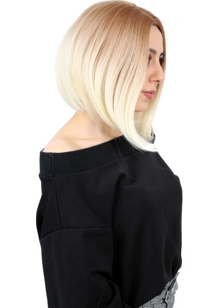 Kahkülsüz Düz Kısa Fiber Sentetik Peruk - Balköpüğü / Platin Ombreli fiyatları