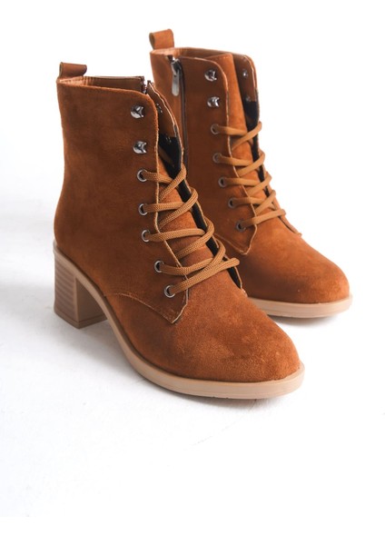 Lena Bağcıklı Fermuarlı Ortopedik Taban Topuklu Süet Kadın Bot Stt - Taba modelleri