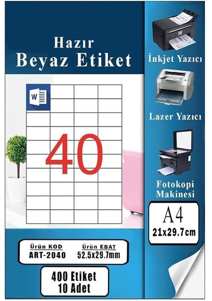 A4 Hazır Etiket 52.5X29.7 mm 10 Sayfa 1 Paket 40 Lı Kendinden Yapışkanlı Fotokopi Lazer Inkjet Kağıdı Yazıcılar Için Uyumlu