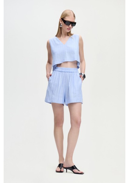 Keten Karışımlı Çizgili Şort