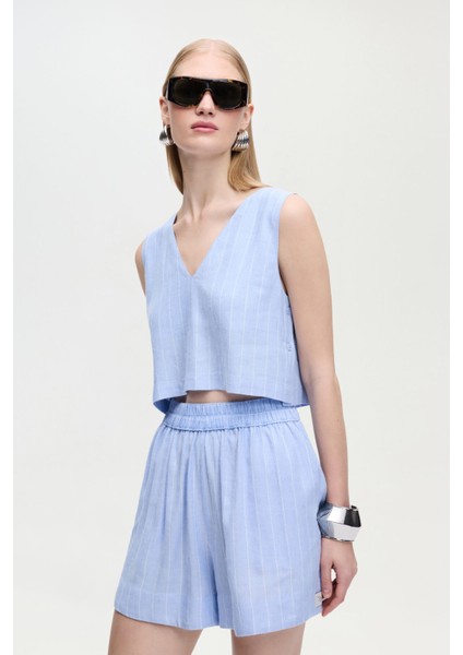 Keten Karışımlı Çizgili Şort indirimleri