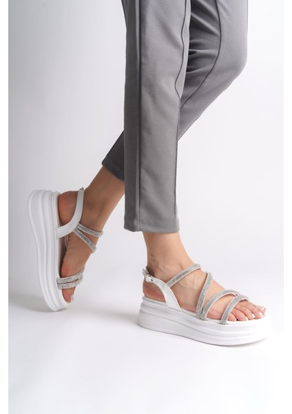 Rıley Ince Tokalı Taşlı Şeritli Ortopedik Taban Kadın Sandalet Cbt - Beyaz