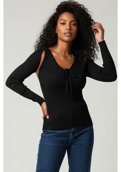 Kadın Taş Kum Bej Üst Kalite Dokuma Uzun Kollu Fitilli Bluz Body