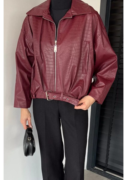 Kadın Çift Cepli Kemer Detaylı Kendinden Desenli Suni Deri Ceket P-00018887 fiyatları