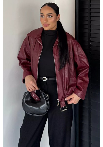 Kadın Çift Cepli Kemer Detaylı Kendinden Desenli Suni Deri Ceket P-00018887 modelleri