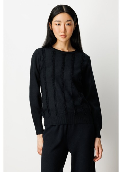 Kadın Sıfır Yaka Püskül Detaylı Triko Kazak 65306 Siyah