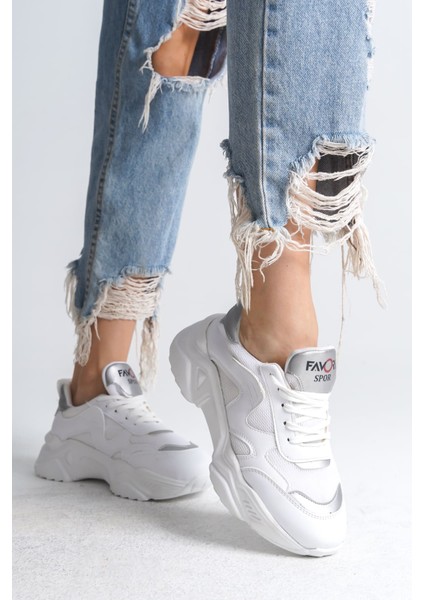 Tokyo Bağcıklı Ortopedik Taban Triko Detaylı Kadın Spor Ayakkabı Tbt - Beyaz/gri