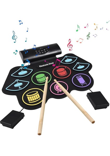 Elektronik Davul Seti El Rulo Davul Seti Vurmalı Çalgı 9 Ped Bt Sopalarla Harici Ayak Pedalı Mıdı Arayüzü Hoparlör Tatil Doğum Günü Hediyesi Renkli Uygulama Pedi Bateri Seti