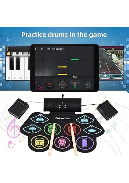 Elektronik Davul Seti El Rulo Davul Seti Vurmalı Çalgı 9 Ped Bt Sopalarla Harici Ayak Pedalı Mıdı Arayüzü Hoparlör Tatil Doğum Günü Hediyesi Renkli Uygulama Pedi Bateri Seti modelleri