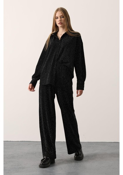 Taşlı Siyah Gömlek Pantolon Takım | Şık Kadın Alt - Üst Takım