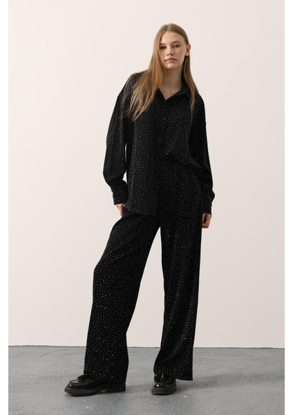 Taşlı Siyah Gömlek Pantolon Takım | Şık Kadın Alt - Üst Takım fırsatları