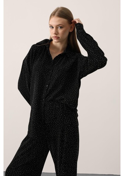 Taşlı Siyah Gömlek Pantolon Takım | Şık Kadın Alt - Üst Takım indirimleri