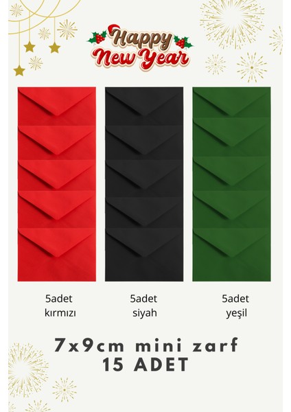15'li Yılbaşı Mini Zarf 7X9CM Yeşil Kırmızı Siyah Hediye Not Zarfı modelleri