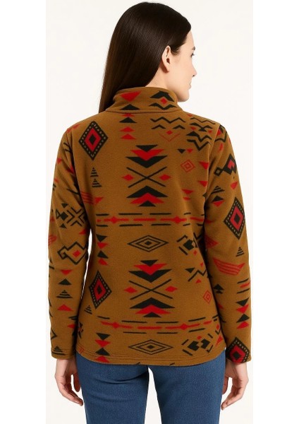 Kadın Yarım Fermuarlı Desenli Polar Sweat Tribal Etnik Desen Yakalı, Uzun Kollu, Oversize Rahat Kalıp - Kahverengi modelleri