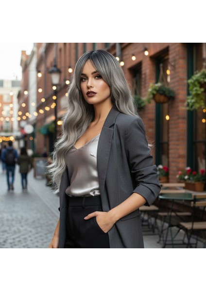 Dalgalı Perçemli Fiber Sentetik Orta Boy Peruk - Siyah Gri Ombreli