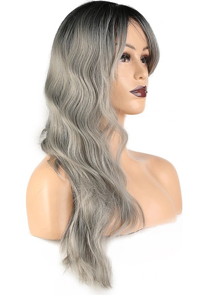 Dalgalı Perçemli Fiber Sentetik Orta Boy Peruk - Siyah Gri Ombreli modelleri