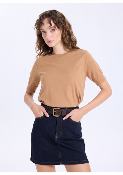 Bisiklet Yaka Basic Düz Örgü Desenli Camel Kazak Kadın J5WL-KZK7130