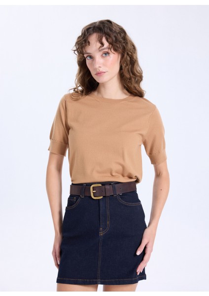 Bisiklet Yaka Basic Düz Örgü Desenli Camel Kazak Kadın J5WL-KZK7130 fırsatları