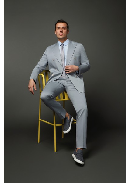 Slim Fit Dar Kesim Pamuklu Lyocell Kruvaze Takım Elbise