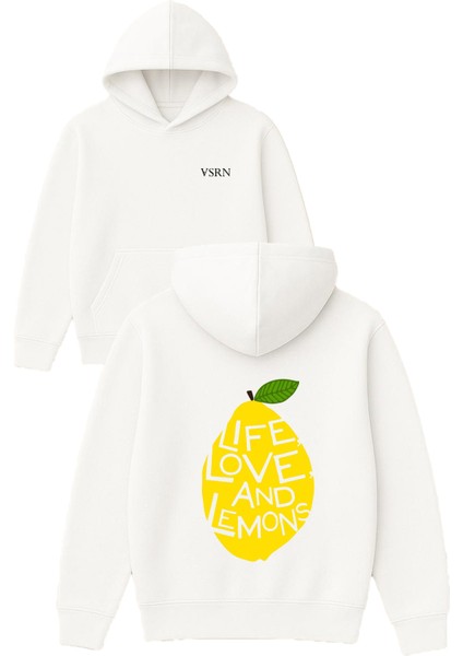 Lıfe Love And Lemons Tasarım Baskılı Oversize Beyaz Kapüşonlu Sweatshirt