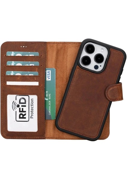 Apple iPhone 15 Pro Uyumlu Deri Cüzdanlı Kılıf Mwwn G2 Kahve