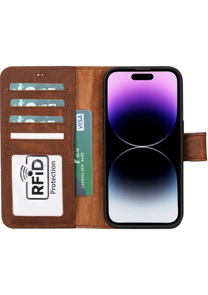 Apple iPhone 15 Pro Uyumlu Deri Cüzdanlı Kılıf Mwwn G2 Kahve fiyatları