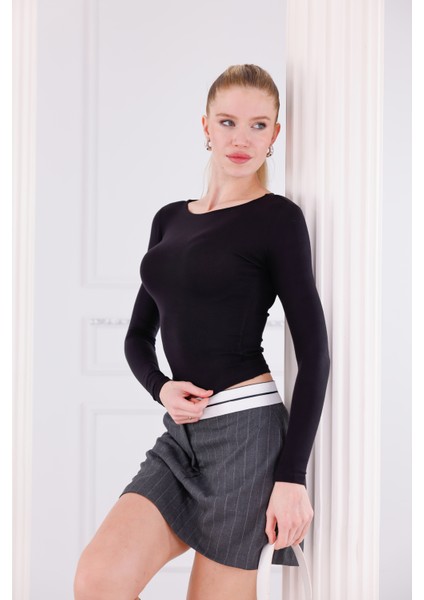 Buzzy Kumaş Uzun Kollu Kayık Yaka Bluz